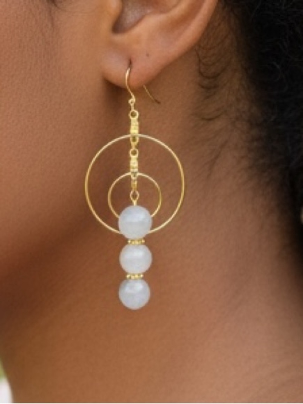 HAND CRAFTED AMAZONITE NATURAL STONE GOLD DOUBLE HOOP EARRINGS Dangle Boho Chic